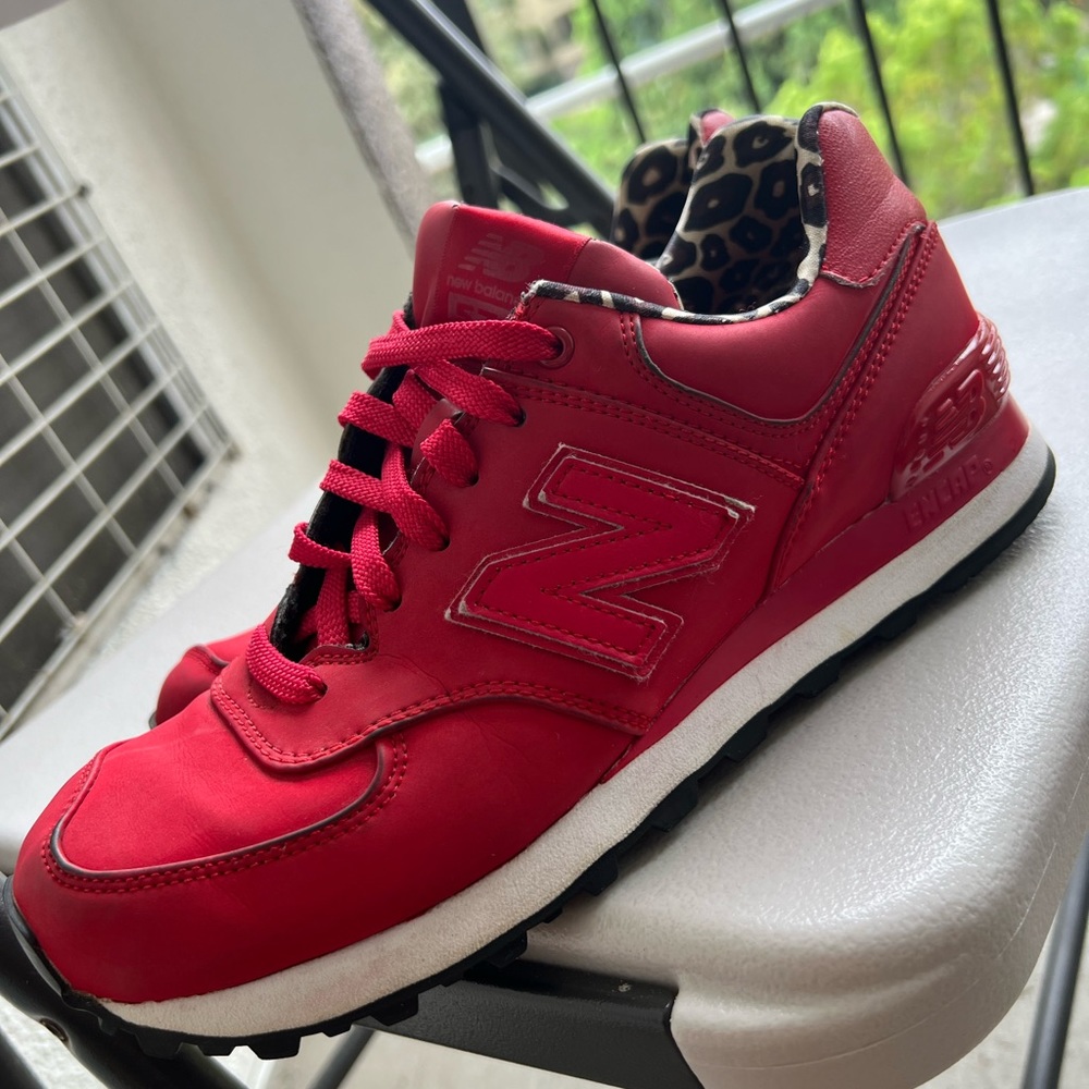 New balance 574 womens running shoes red leopard print